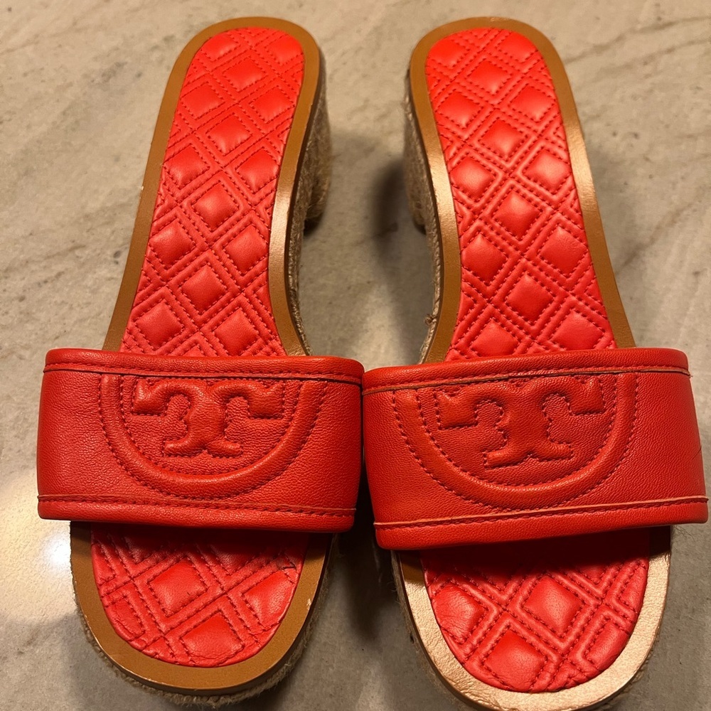 NWOB Tory Burch Fleming 50MM Slide Espadrilles Red/Orange Leather Size 7.5